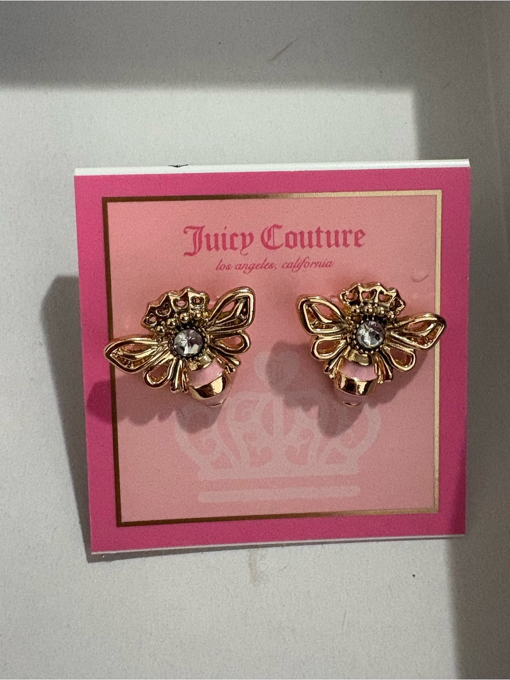 NWT Juicy Couture Gold Pink Queen Bee Crown Rhinestone Stud Earrings Y2K